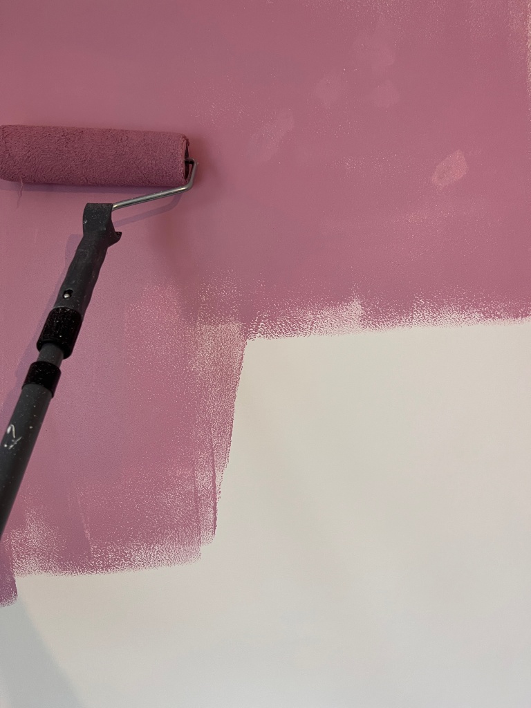 Wall painting in progress, the colour used is called "ballet pink"